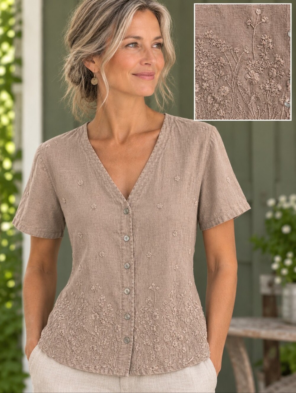 Jane Ashley Beige Floral Vine Embroidered Button-Down V-Neck Top
